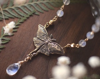 Luna Moth Necklace, Gold Bronze & Rainbow Moonstone Gemstone Beads - Small Luna Moth Pendant - Moth Lover Jewelry Gift by Woodland Belle