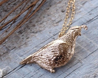 Quail Necklace - Gold Bronze California Quail Bird Pendant - Small Dainty Bird Charm Necklace - Bird Lover Gift for Her - by Woodland Belle