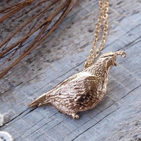 Quail Necklace - Gold Bronze California Quail Bird Pendant - Small Dainty Bird Charm Necklace - Bird Lover Gift for Her - by Woodland Belle