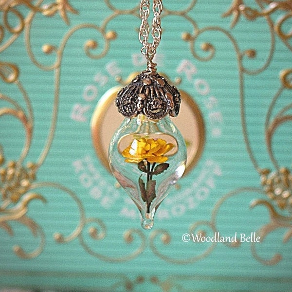 Yellow Rose Necklace - Glass Flower Pendant - Sterling Silver, Gold, or Rose Gold - Personalized Mother, Grandmother Gift -by Woodland Belle