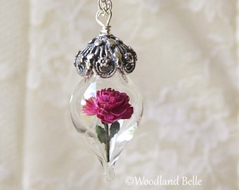 Pink Peony Necklace - Silver Glass Flower Pendant - Personalized Gift- Wife, Anniversary - Gold/Sterling Silver/Rose Gold -By Woodland Belle