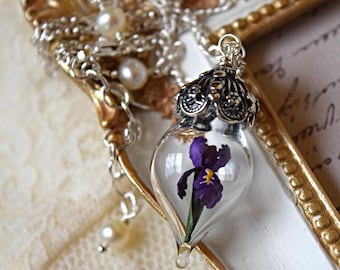 Purple Iris Flower Necklace - Glass Terrarium Pendant - Personalized Gift - Sterling Silver, Gold, or Rose Gold - by Woodland Belle