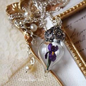 Purple Iris Flower Necklace Glass Terrarium Pendant Personalized Gift Sterling Silver, Gold, or Rose Gold by Woodland Belle image 1