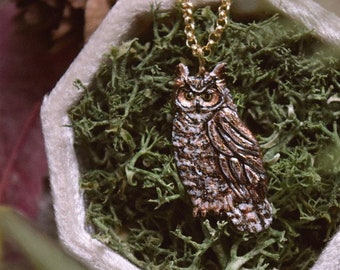 Owl Necklace - Enameled Bronze Great Horned Owl Pendant - Small, Dainty Bird Charm Necklace - Owl Lover Gift, Cottagecore- by Woodland Belle