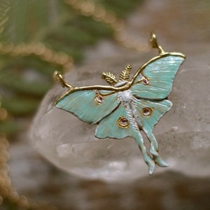 Luna Moth Necklace - Enameled Green Bronze Moon Moth Pendant - Small, Dainty Luna Moth Charm - Moth Lover Jewelry Gift - by Woodland Belle