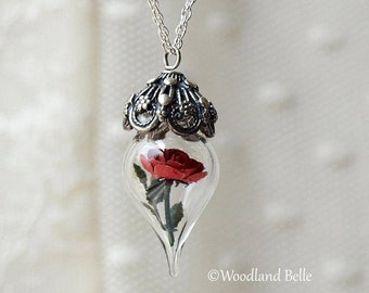 Beauty & the Beast Rose Necklace - Sterling Silver Red Rose, Glass Flower Pendant - Personalized Intials/Date- Wife Wedding Anniversary Gift