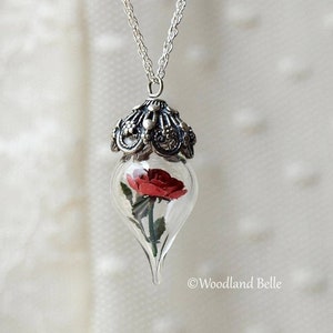 Beauty & the Beast Rose Necklace - Sterling Silver Red Rose, Glass Flower Pendant - Personalized Intials/Date- Wife Wedding Anniversary Gift