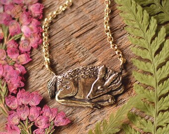 Sleeping Fawn Necklace - Bronze Fawn Deer Pendant - Small, Dainty Animal Charm Necklace - Mori Girl Cottagecore Necklace, by Woodland Belle