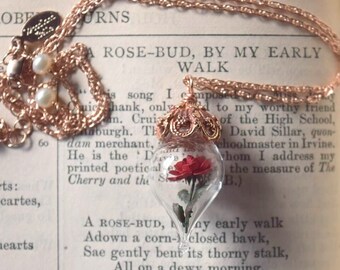 Rose Gold Red Rose Necklace - Flower Glass Pendant - Pink Gold Beauty & the Beast Necklace - Personalized Initials/Date, Gift for Wife