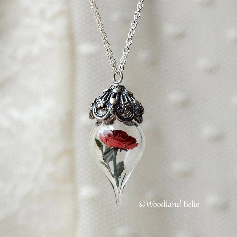 Beauty & the Beast Rose Necklace Sterling Silver Red Rose Etsy
