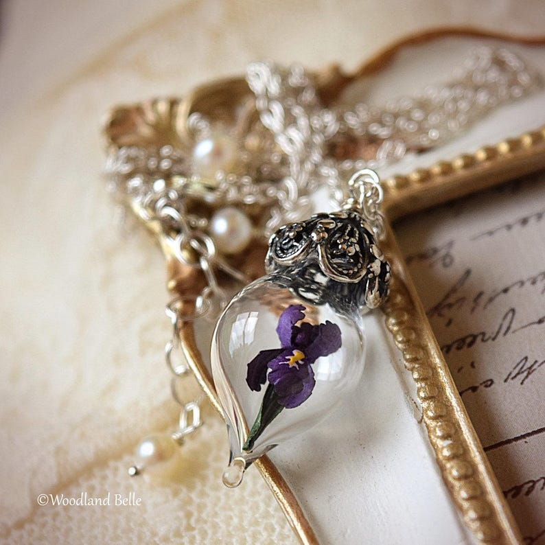 Purple Iris Flower Necklace Glass Terrarium Pendant Personalized Gift Sterling Silver, Gold, or Rose Gold by Woodland Belle image 2