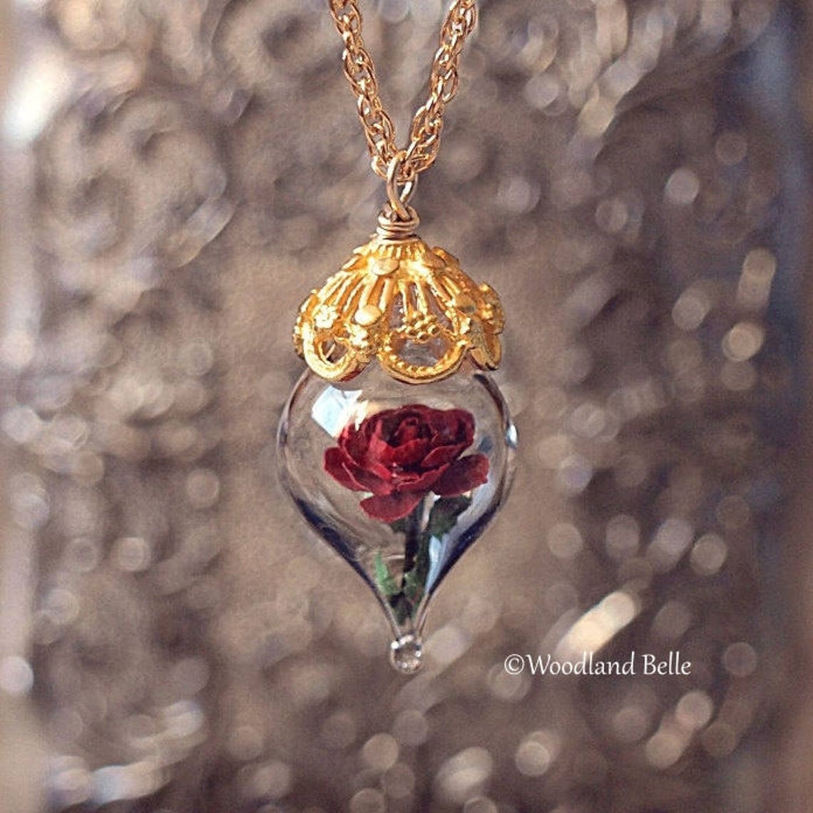 Gold Red Rose Necklace Glass Flower Pendant Personalized | Etsy