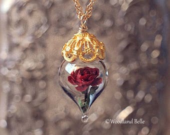 Gold Red Rose Necklace - Glass Flower Pendant - Personalized Gift, Initials - Beauty & the Beast - Anniversary Wife Gift, by Woodland Belle