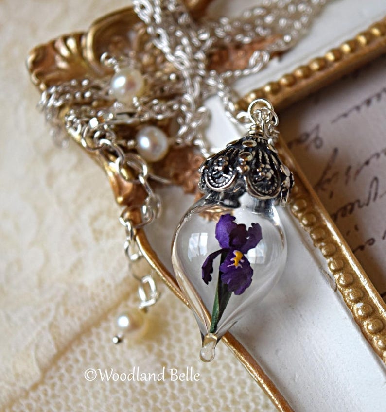 Purple Iris Flower Necklace Glass Terrarium Pendant Personalized Gift Sterling Silver, Gold, or Rose Gold by Woodland Belle image 1