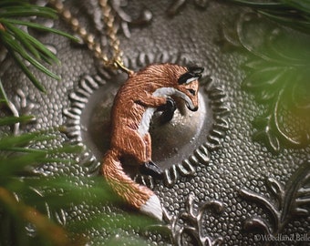 Leaping Red Fox Necklace - Enameled Bronze Jumping Fox Pendant - Small Animal Charm Jewelry- Fox Lover Gift, Cottagecore - by Woodland Belle