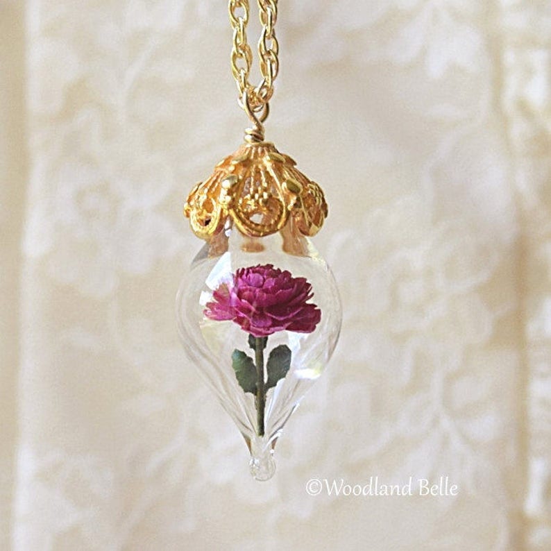 Pink Peony Necklace Gold Glass Flower Pendant Personalized Gift / Wife, Anniversary Gold/Sterling Silver/Rose Gold By Woodland Belle image 2