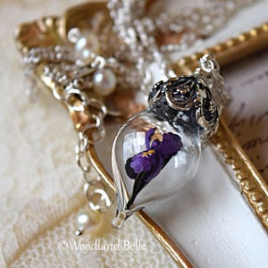 Purple Iris Flower Necklace Glass Terrarium Pendant Personalized Gift Sterling Silver, Gold, or Rose Gold by Woodland Belle image 3