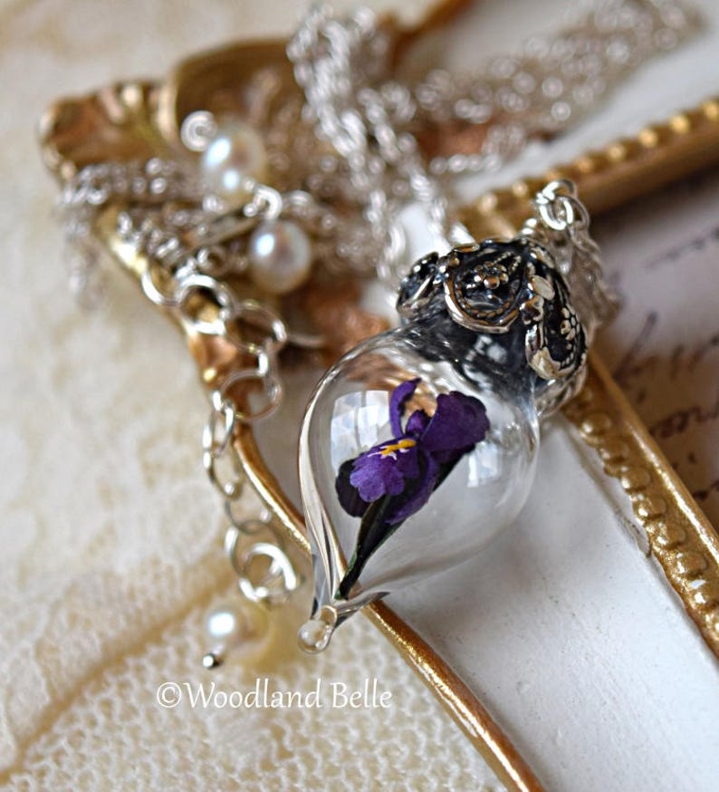 Purple Iris Flower Necklace Glass Terrarium Pendant Personalized Gift Sterling Silver, Gold, or Rose Gold by Woodland Belle image 3