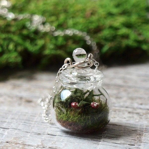 Tiny Moss, Mushroom and Fern Terrarium Necklace