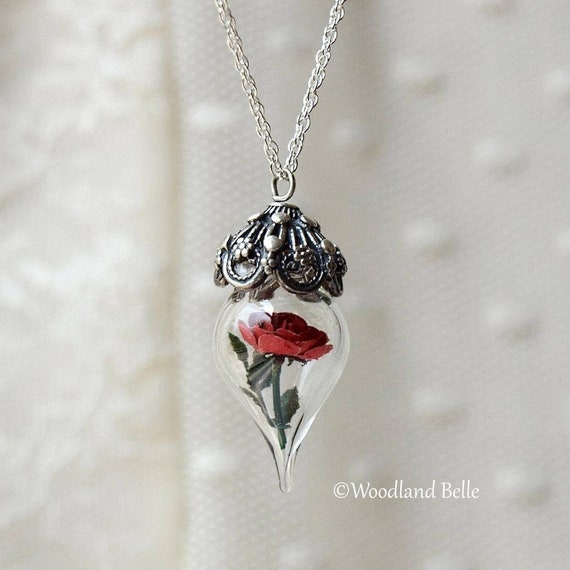 flower Heart Necklace red Roses terrarium necklace Rose Flower Necklace Pressed Rose Bud Real Flower Necklaces for women