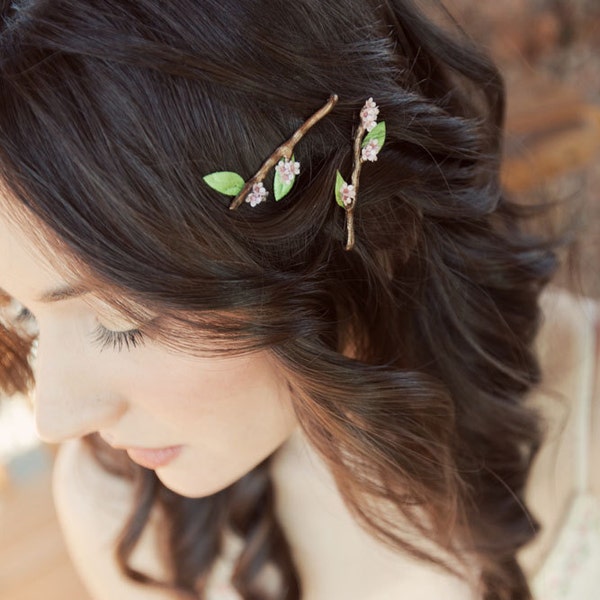 Twig Hair Bobby Pins with Cherry Sakura Blossom Flowers