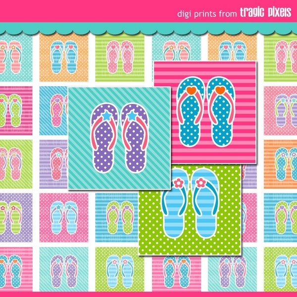 Funky Flip Flops 4x6 Digital Collage Sheet (No. 620) - 1 Inch Square Tiles for Glass Pendants, Magnets, and More