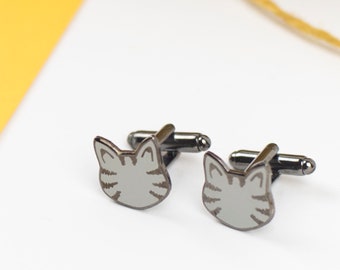 Grey Tabby Cat Cufflinks - silver tabby cuff links - best man gift - cat lovers gift - grey cat - tabby cat - gift for him - gift for her