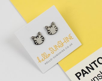 Grey Tabby Cat enamel earrings - enamel cat studs - silver tabby - hard enamel studs - cat lover gift - crazy cat - grey kitty - love cats