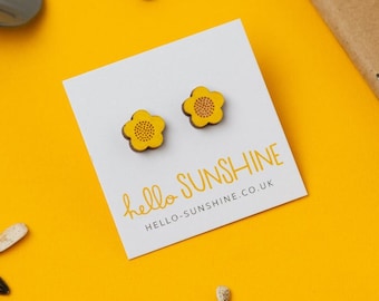 Buttercup earrings - laser cut wood studs - statement jewellery - Summer earrings - flowers - happy earrings - buttercups - gardening gift