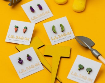 vegetable earrings - laser cut studs - perfect food lovers gift - beetroot - broccoli - carrots - aubergine - pickles - vegetarian gift