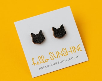Little Black Cat earrings - laser cut black wooden cat studs - perfect cat lovers gift - crazy cat lady gift - cat lover - cats - black cats