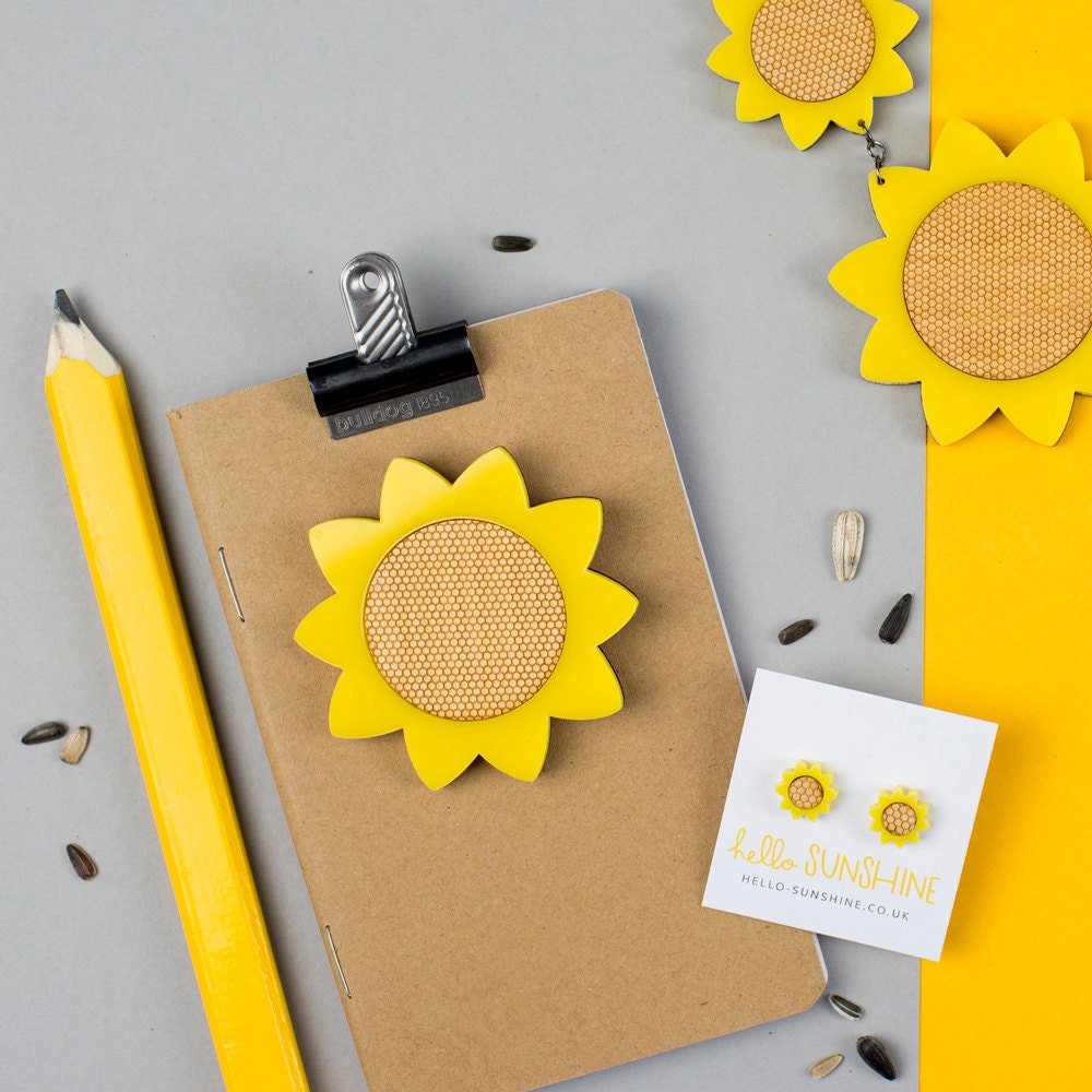 Sunflower earrings laser cut wood and acrylic studs | Etsy