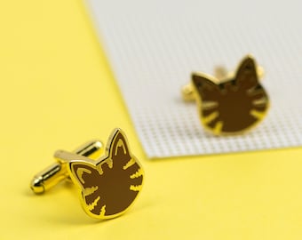 Brown Tabby Cat Cufflinks - gold cuff links - best man gift - cat lovers gift - brown cat - tabby cat - gift for him - gift for her - cats