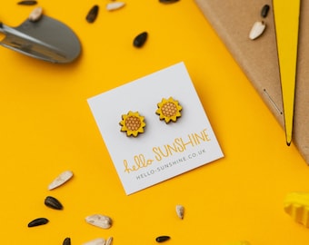 Sunflower earrings - laser cut wood and acrylic studs - statement jewellery - Summer earrings - sunflowers - happy flower earrings