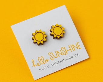 Sunshine earrings - Yellow sun studs - laser cut wooden sun - sun chaser - yellow sunshine - outdoor lovers gift - bright - fun - daytime