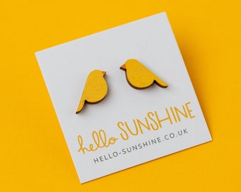 Yellow Canary stud earrings - laser cut yellow birds - bird lovers gift - canaries - love birds - cheerful - happy - norwich city football