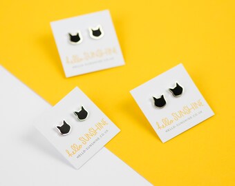 Black and Silver Cat enamel earrings - cat studs - black cat - hard enamel studs - cat lover gift - crazy cats - cat lady gift - love cats