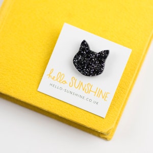 Black Glittery Cat pin laser cut black acrylic perfect cat lovers badge sparkly kitty halloween cat glittery cats midnight cat image 1