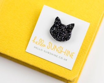 Black Glittery Cat pin - laser cut black acrylic - perfect cat lovers badge - sparkly kitty - halloween cat - glittery cats - midnight cat