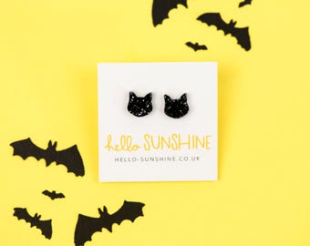 Black Glittery Cat earrings - Glitter Kitty studs - black cat - laser cut acrylic - sparkle and glitter - halloween jewellery - cats