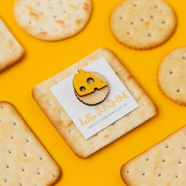 Cheese and Biscuit Wooden Lapel Pin: Food Lover Gift
