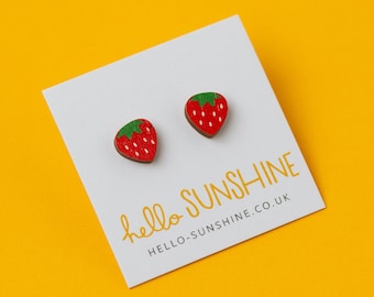 Strawberry earrings - laser cut earrings - wooden jewellery - food lovers gift - jammy - strawberries - sweet studs - jam