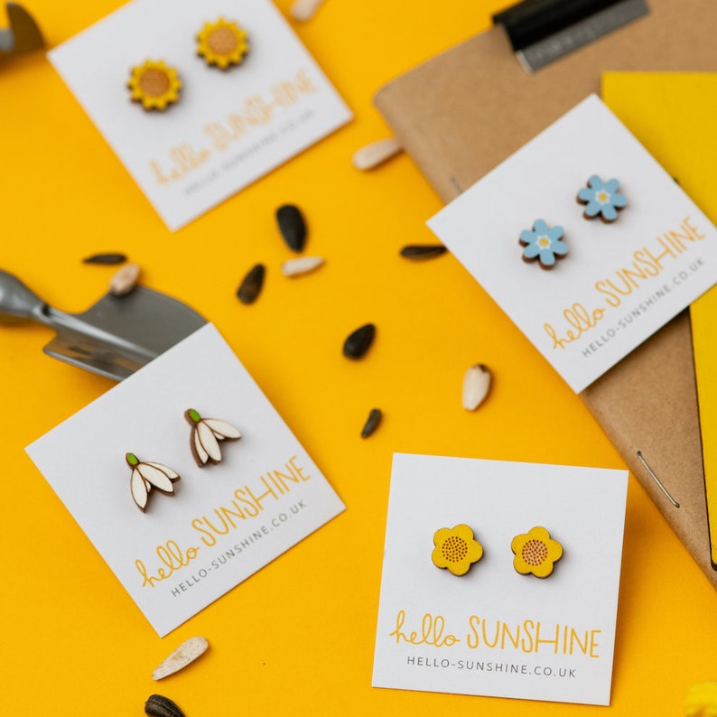 Sunflower earrings laser cut wood and acrylic studs statement jewellery Summer earrings sunflowers happy flower earrings image 3