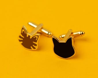 Mismatched Gold Cat Cufflinks - Black and Brown Tabby Cat Wedding Jewellery