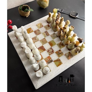 Green Onyx Marble Chess Set - Marble Chess Board Unique Gifts for Him gifts for him handcrafted chess Onyx Chess Sets with Board Handmade