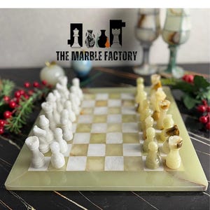 Chess Set Handmade White and Green Onyx Marble Chess Game Set with Unique Storage Case – Elegant Gifts for Him & Special Occasions