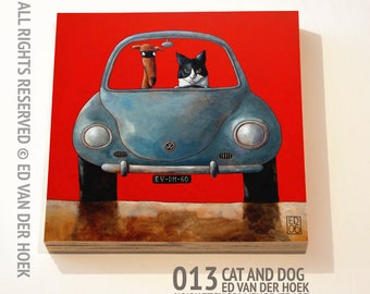 013 Cat and Dog print ON plywood (14x14 cm/5.5x5.5 inch on 18 mm/0.7 inch poplar)