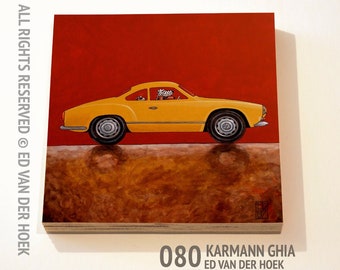 080 Karmann Ghia, classic open sports car driven by a dalmate dog, print ON plywood (14x14 cm/5.5x5.5 inch on 18 mm/0.7 inch poplar)
