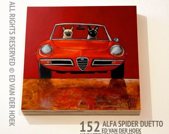 152 Alfa Spider happy Siamese cats print ON wood plywood ED11  (14x14 cm/5.5x5.5 inch on 18 mm/0.7 inch poplar)