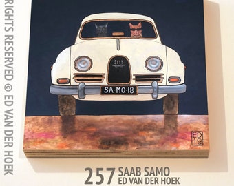 257 SAAB SAMO funny special my cats in a car print ON wood plywood ED03 (14x14 cm/5.5x5.5 inch on 18 mm/0.7 inch poplar)